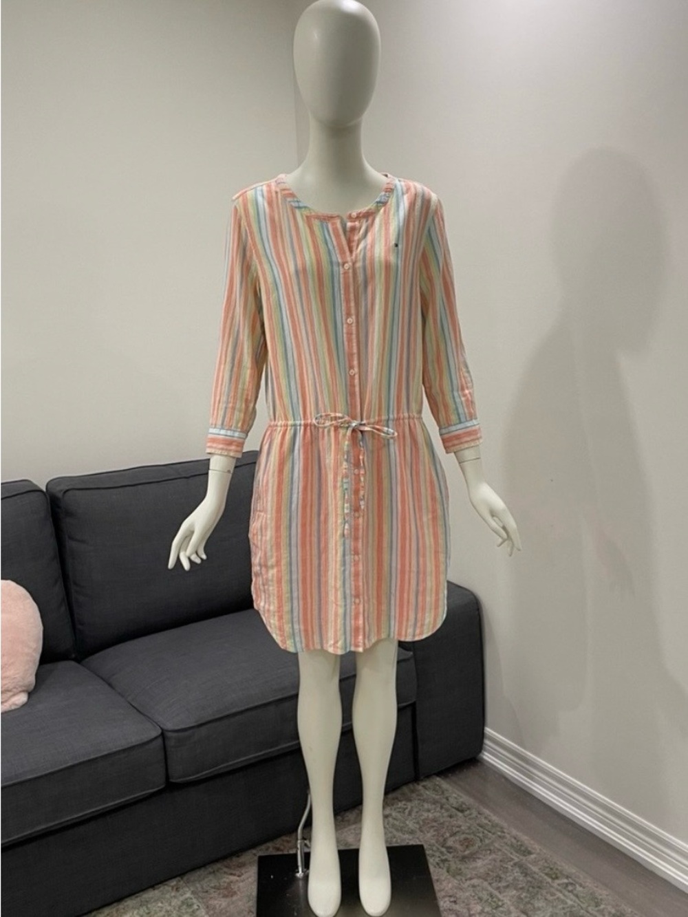 TOMMY HILFIGER Shirt Dress Size Small Roll Tab Sleeves Pockets Drawstring Waist